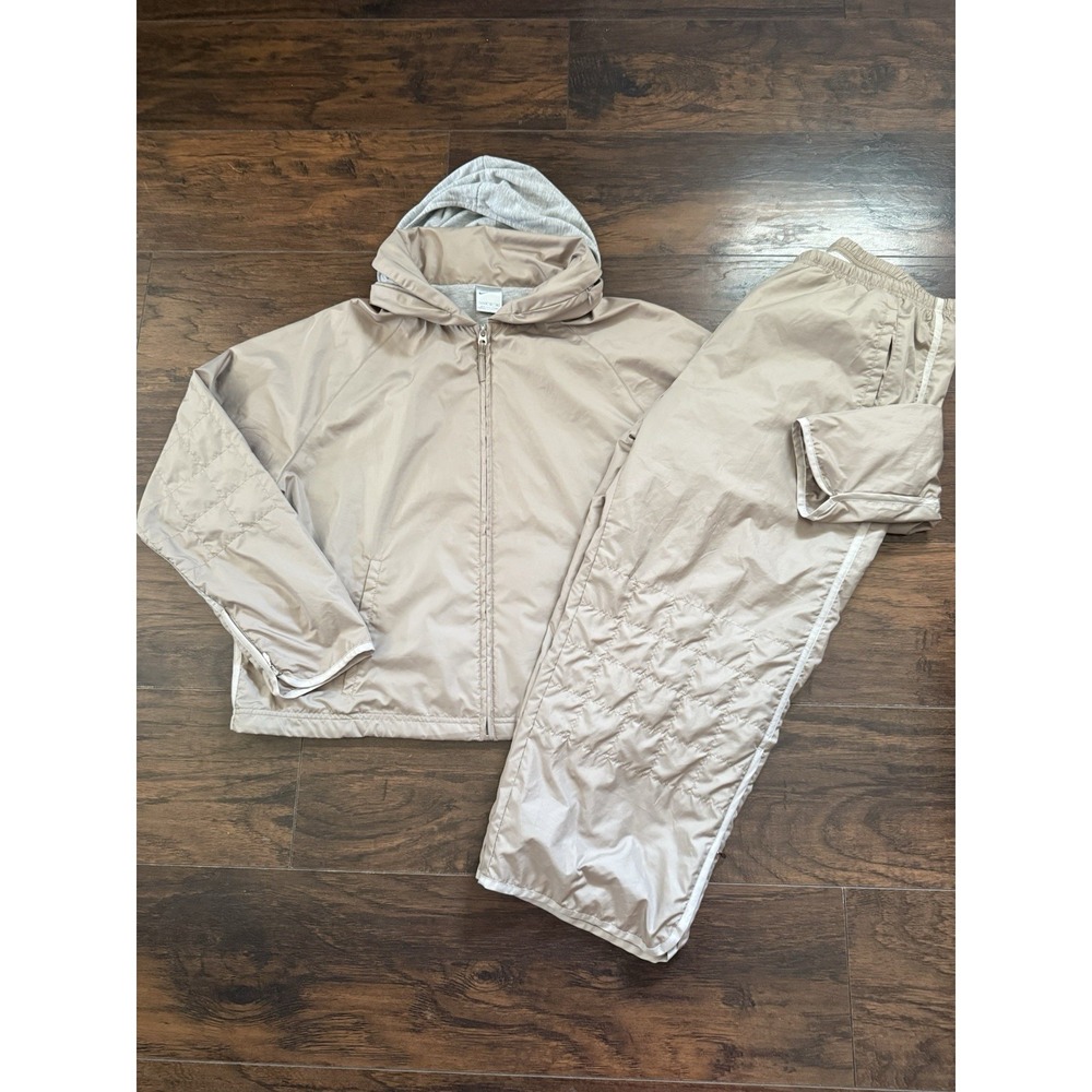 Vintage NIKE Nylon Track Suit Women's XL Full Zip Jacket Pull on Pants Beige Y2K